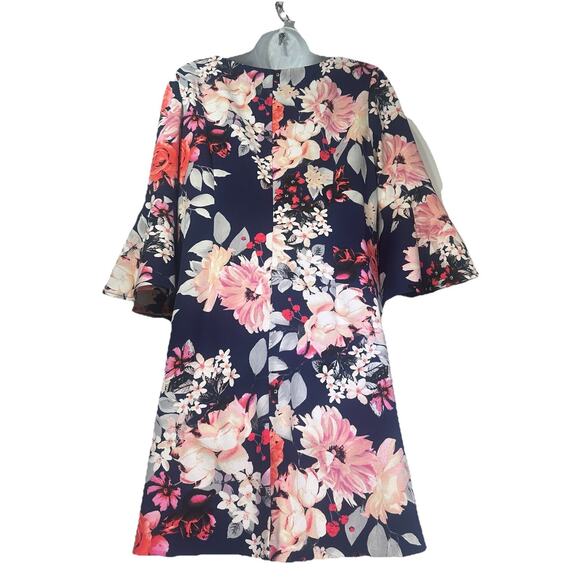 ELIZA J Navy Blue Floral Print 3/4 Bell Sleeve Cocktail Shift Dress Size 12P - Picture 2 of 7